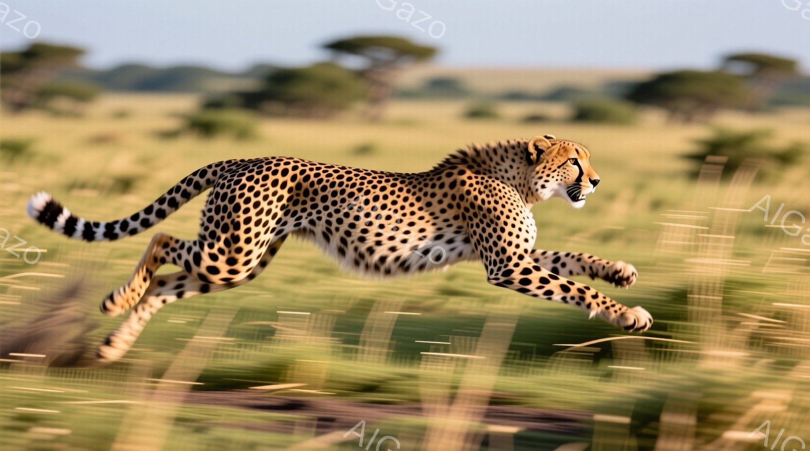 広大なサバンナをチーターが猛スピードで駆け抜けている。鮮やかな斑点模様が緑の草地とのコントラストを際立たせ、躍動感あふれる姿を捉えている。背景にはまばらに木々が見え、晴れた空の下、力強い生命力が感じられる。
