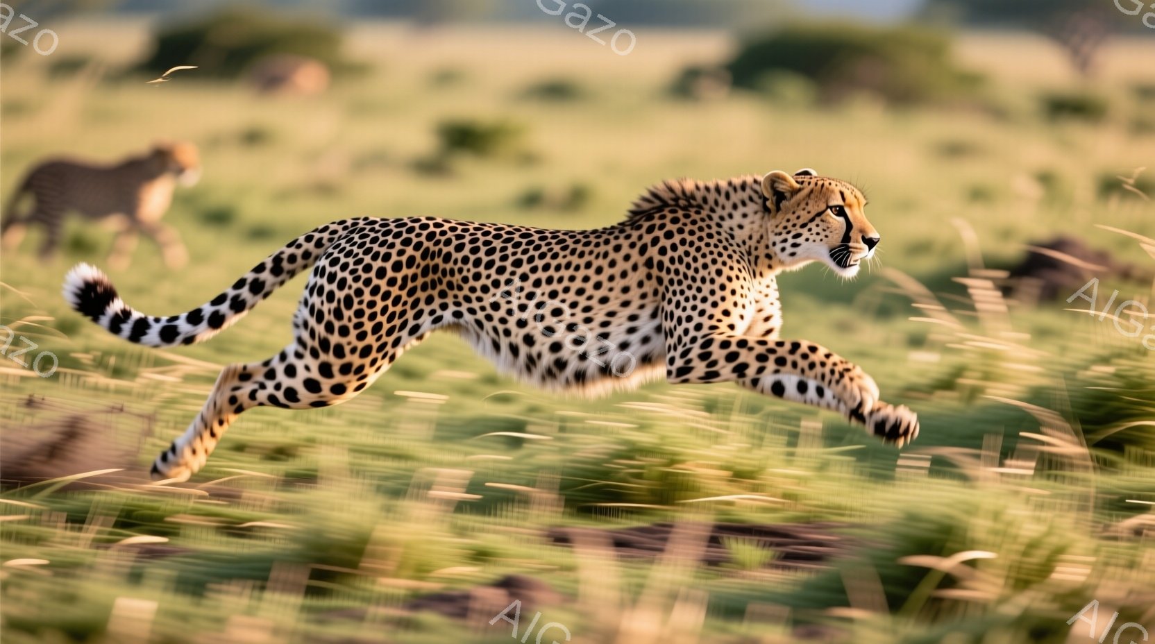 広大なサバンナで、チーターが猛スピードで駆け抜けている様子が捉えられています。黄金色の草が風に揺れ、背景にはぼんやりと他の動物の姿が見えます。躍動感あふれる姿勢と、集中した表情から、獲物を追いかける緊迫感が伝わってきます。