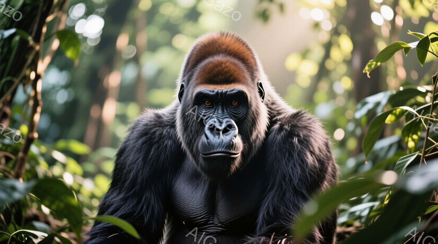 ゴリラが画面中央を見据え、強い眼差しでこちらを見つめている。その体格は大きく、筋肉質な胸板と濃い毛並みが特徴的だ。背景には緑豊かな植物が生い茂り、薄暗い森林の奥深くを連想させる、静かで力強い雰囲気が漂 - AI生成フリー素材
