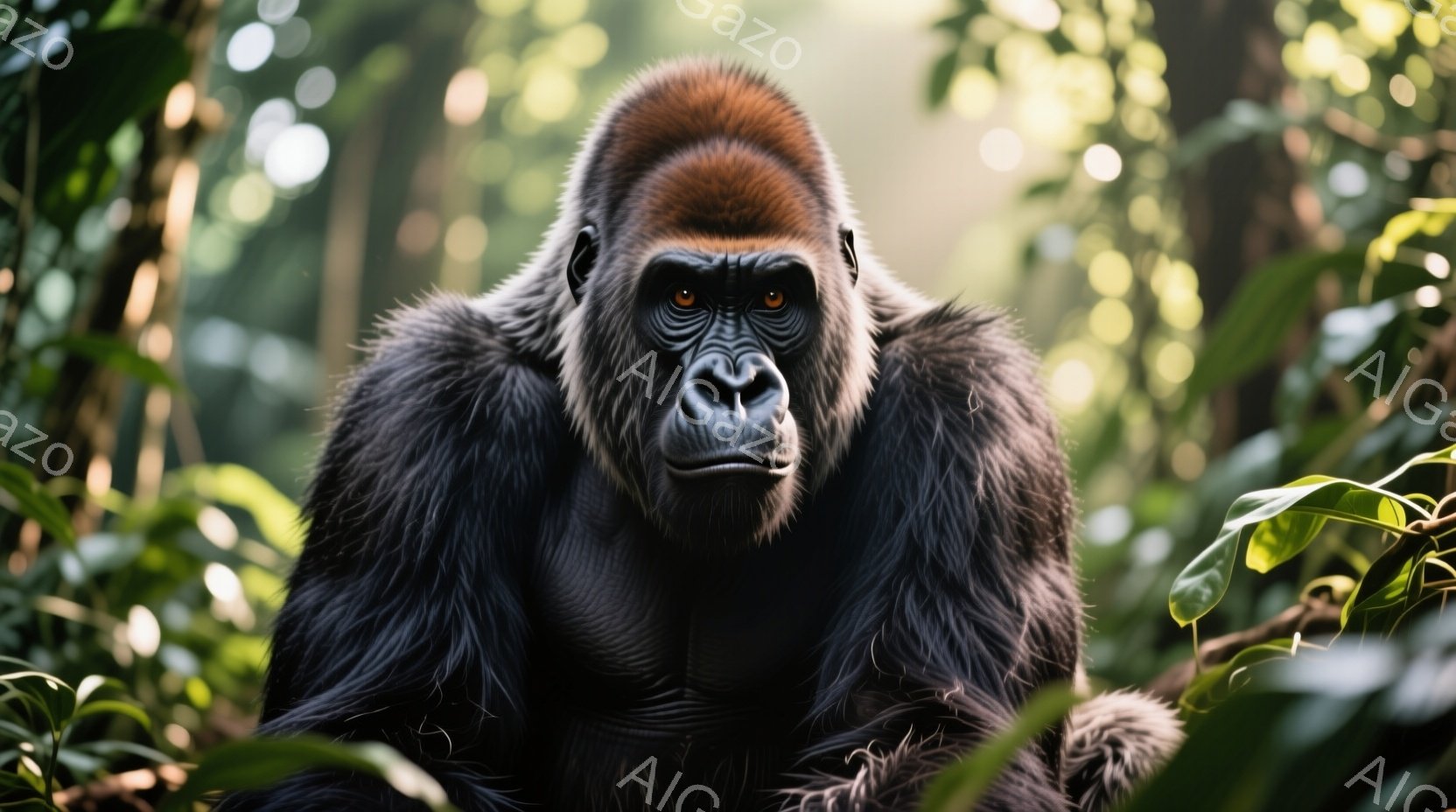 鬱蒼とした緑の葉に囲まれ、堂々としたゴリラが正面を見据えている。力強い体格と鋭い眼光を持ち、威厳に満ちた表情をしている。背景は深い緑色で、熱帯雨林の奥深くで自然の中に生きるゴリラの存在感を際立たせてい - AI生成フリー素材