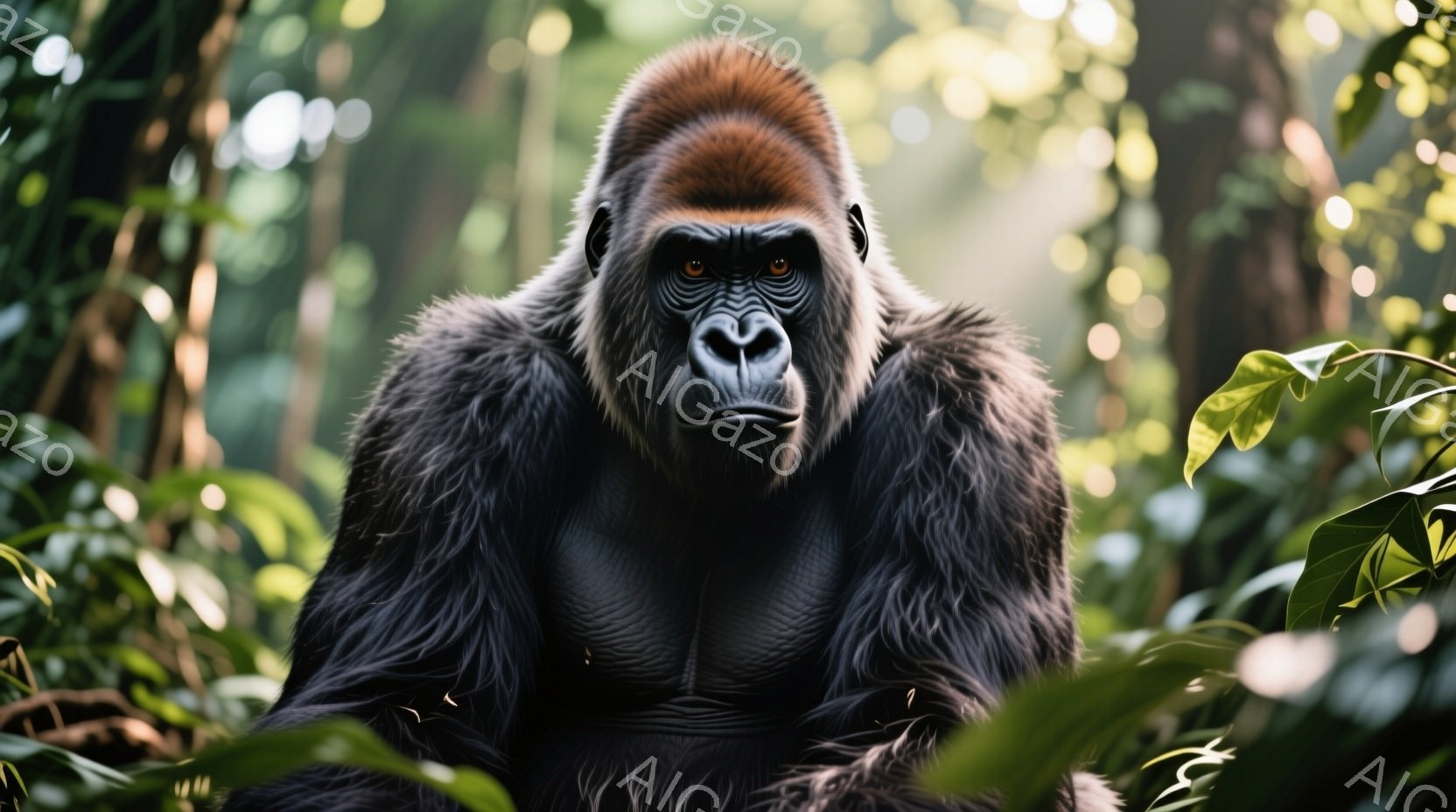 雄大なゴリラが緑豊かな森林の中で正面を向いています。その毛並みは深く、顔の表情は厳かで、力強い存在感を放っています。背景には濃い緑の葉が生い茂り、自然の深さと静寂を感じさせます。 - AI生成フリー素材