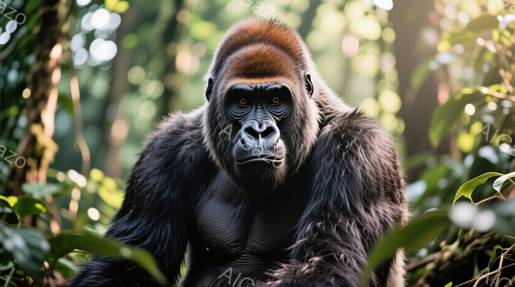 ゴリラが正面をまっすぐ見つめ、強い存在感を放っている。深い緑のジャングルが背景に広がり、葉っぱがゴリラをフレームに囲むように配置されている。光が葉の間から差し込み、ゴリラの毛並みを照らし出し、威厳のある雰囲気を強調している。