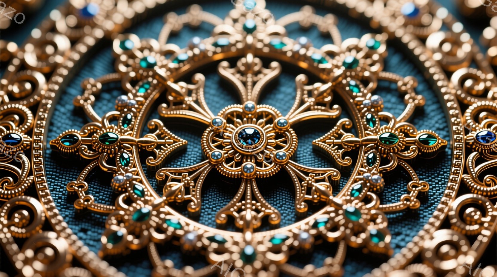 豪華な金色の刺繍模様が、濃い青色の生地に広がり、中央には複数の青い宝石が配置されている。繊細な曲線と幾何学的なパターンが繰り返され、全体的に高貴で洗練された印象を与える。刺繍の密度が高く、職人の技術が感じられる。