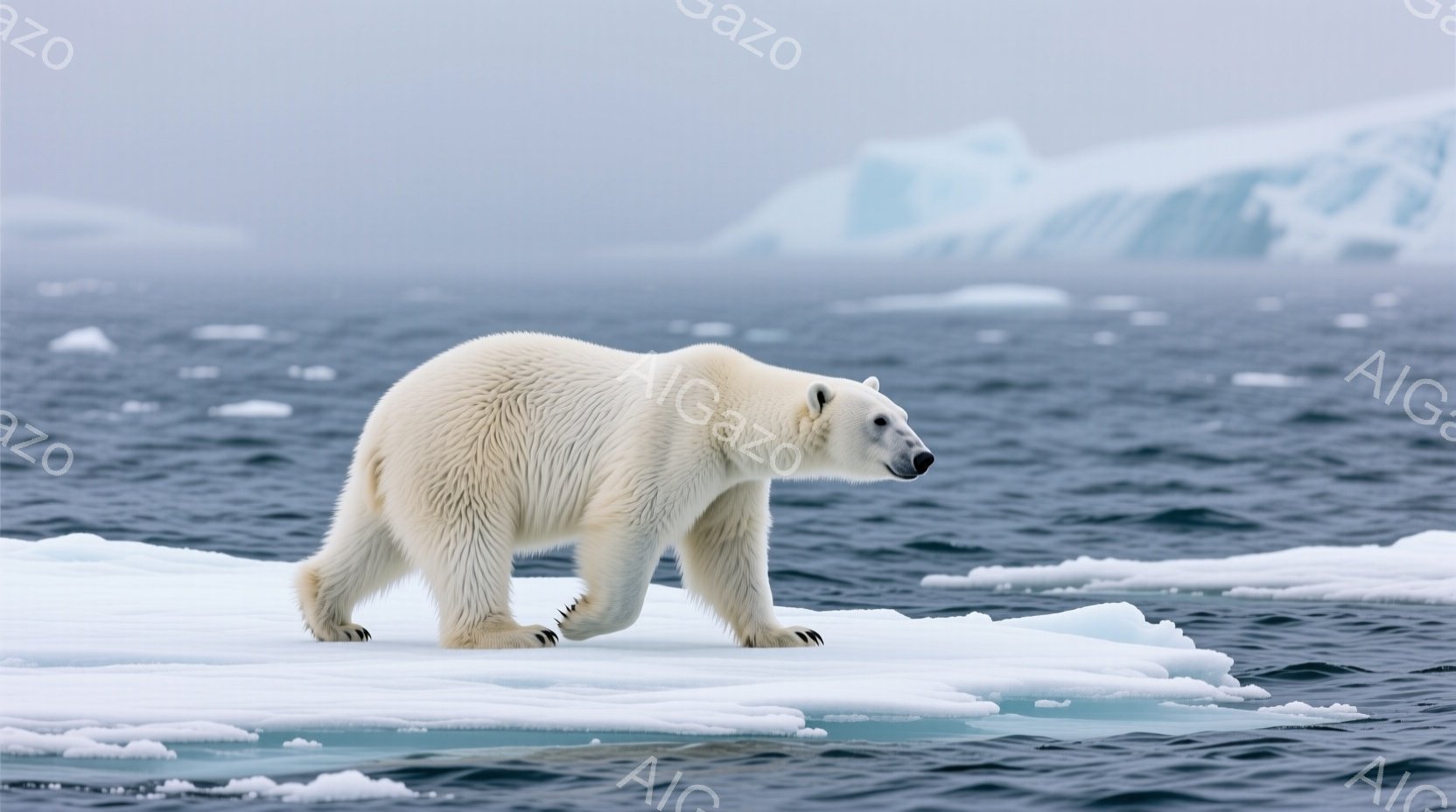 白いホッキョクグマが氷の塊の上を歩いている姿が捉えられています。周囲は暗い紺色の海で、遠くには氷山がぼんやりと見え、曇り空が全体を覆っています。氷の表面はわずかに青みがかっており、全体的に寒く、荒涼とした雰囲気を醸し出しています。