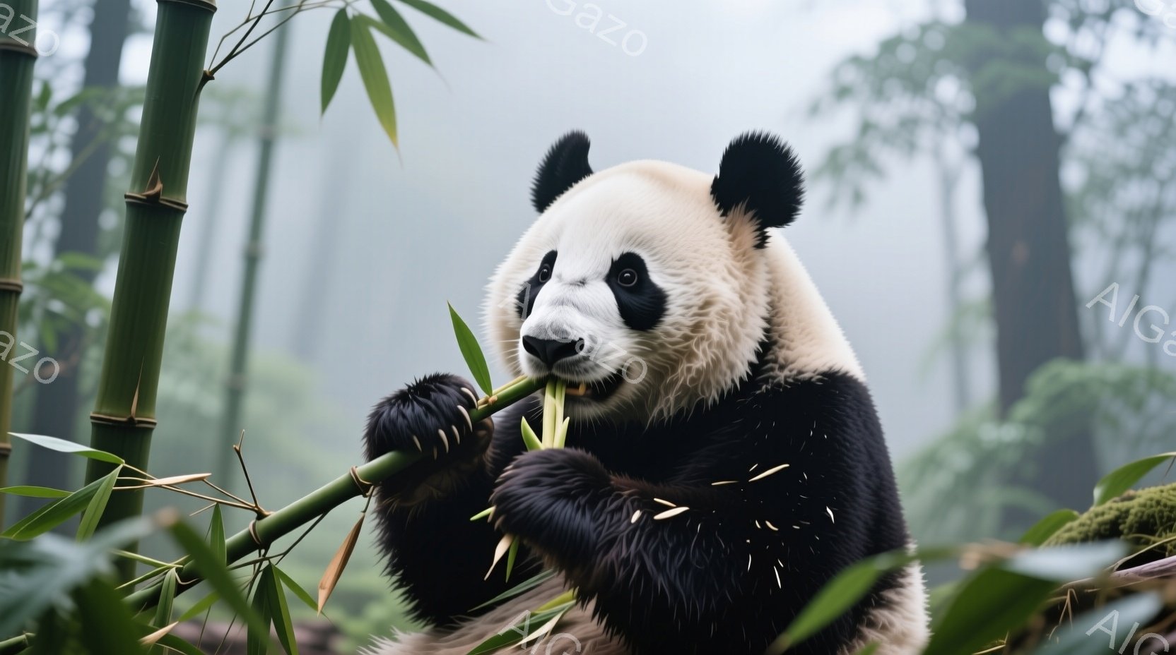 白と黒のパンダが、緑色の竹を両手で抱えて美味しそうに食べている姿が捉えられています。パンダは毛並みが良く、穏やかな表情で、周囲の緑豊かな竹林と調和しています。背景は霧に包まれ、幻想的で静かな雰囲気を醸 - AI生成フリー素材