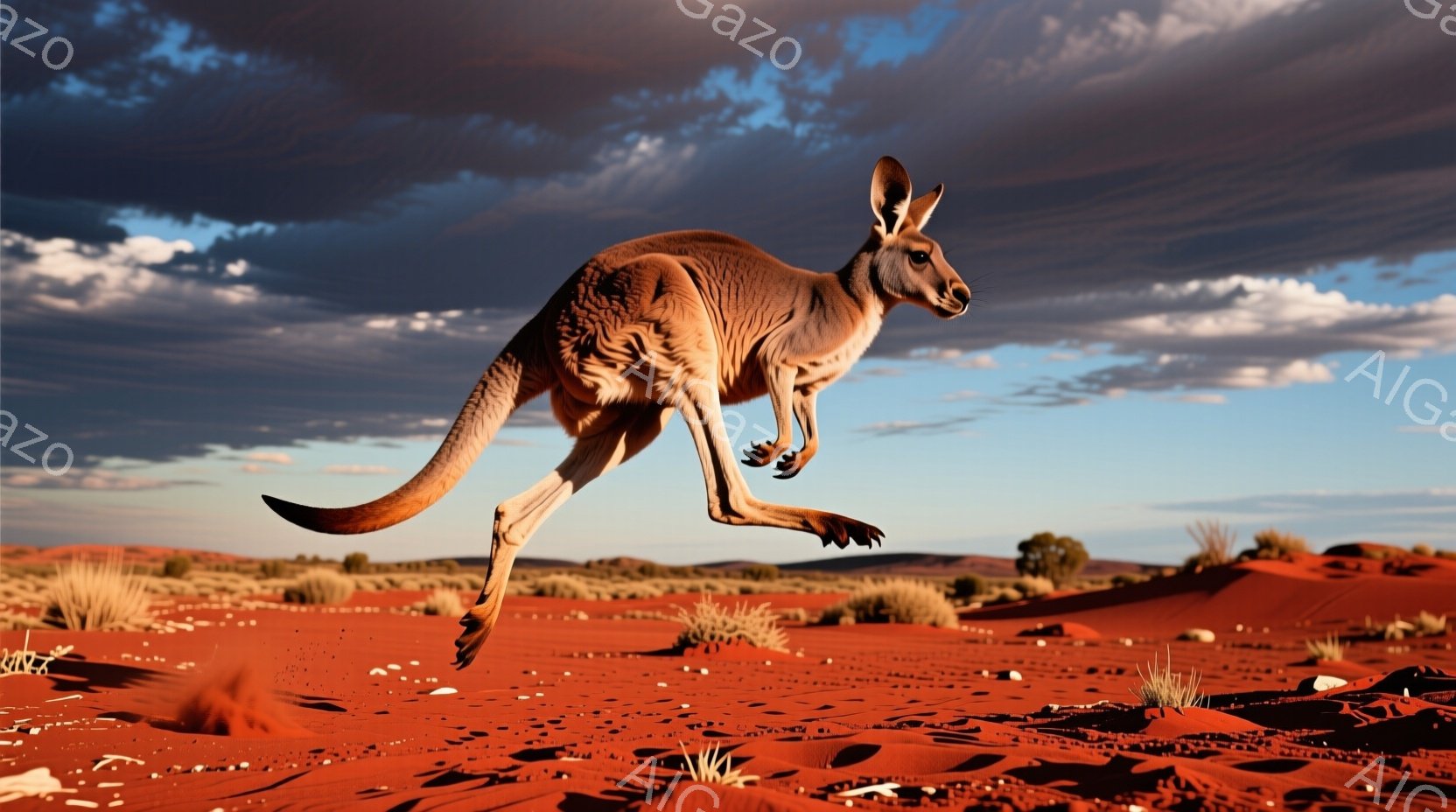 広大な赤い砂漠を、一匹のカンガルーが大きくジャンプしている姿が捉えられている。カンガルーは躍動感に満ちた姿勢で、空中に足を伸ばし、力強く前進している。背景には、乾燥した灌木や砂丘が広がり、雲一つない青空と夕焼けのグラデーションが、荒涼とした風景に壮大な雰囲気を添えている。