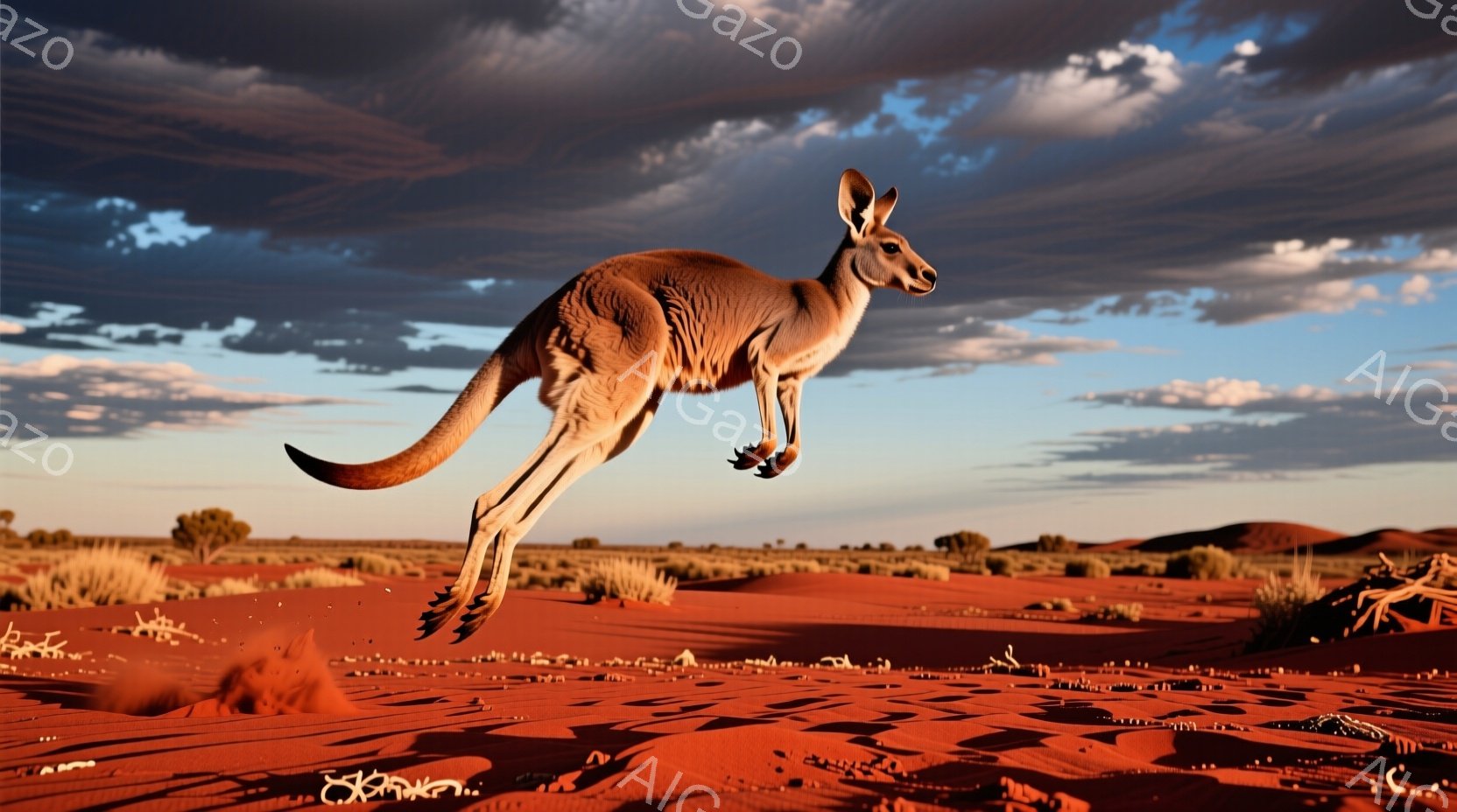 赤土の大地をカンガルーが力強く飛び越えている様子が捉えられています。背景には乾燥した灌木や遠くに見える丘陵が広がり、空は夕焼けの名残のようなオレンジと紫のグラデーションが広がっています。 全体的に力強く、野生味あふれる、活気に満ちた雰囲気が漂っています。