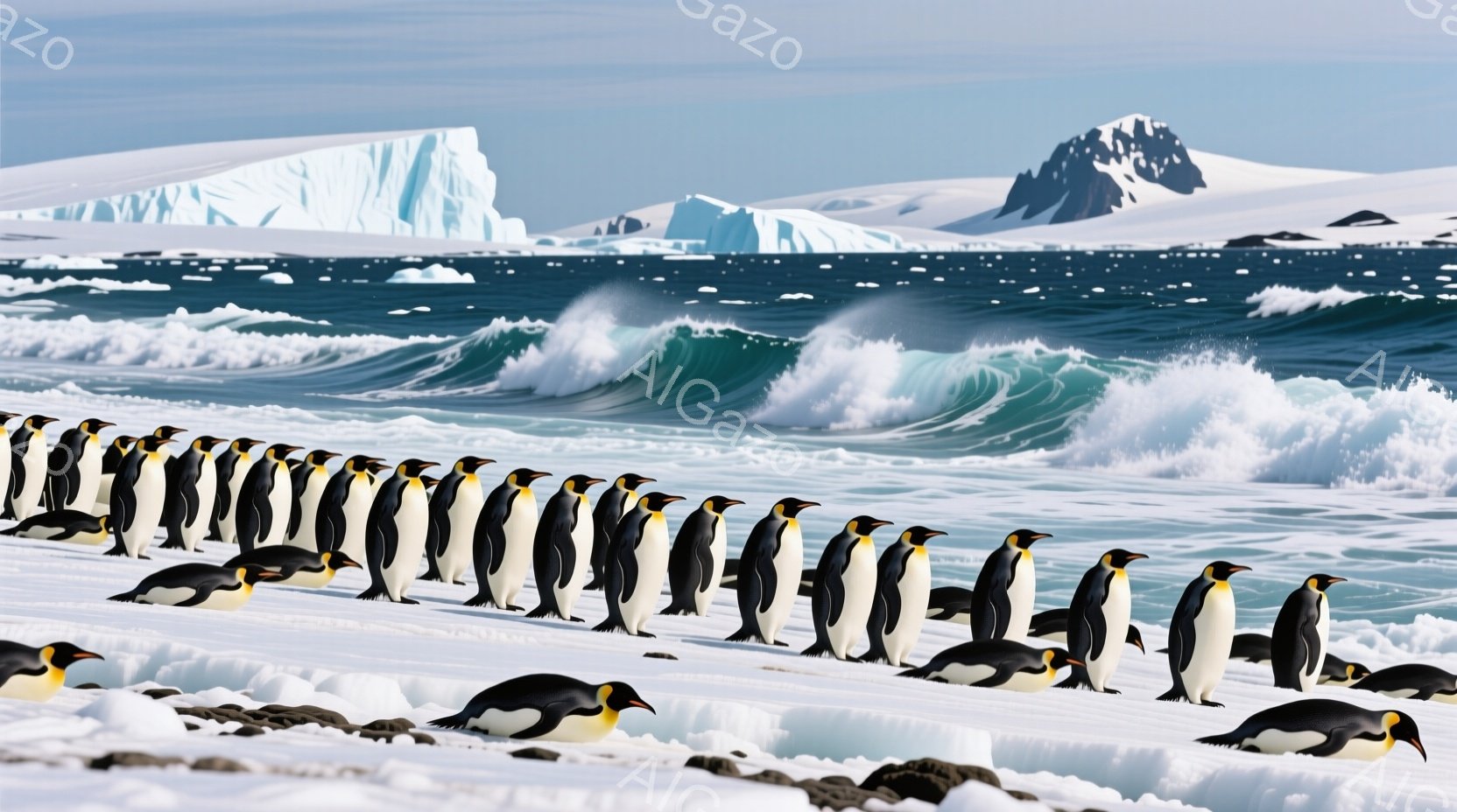 雪と氷に覆われた海岸線に沿って整列した多くのペンギンが写っています。背景には、荒々しい波が打ち寄せ、遠くには氷山や雪山がそびえ立っており、極寒の厳しい自然環境が表現されています。ペンギンたちは一様に同 - AI生成フリー素材
