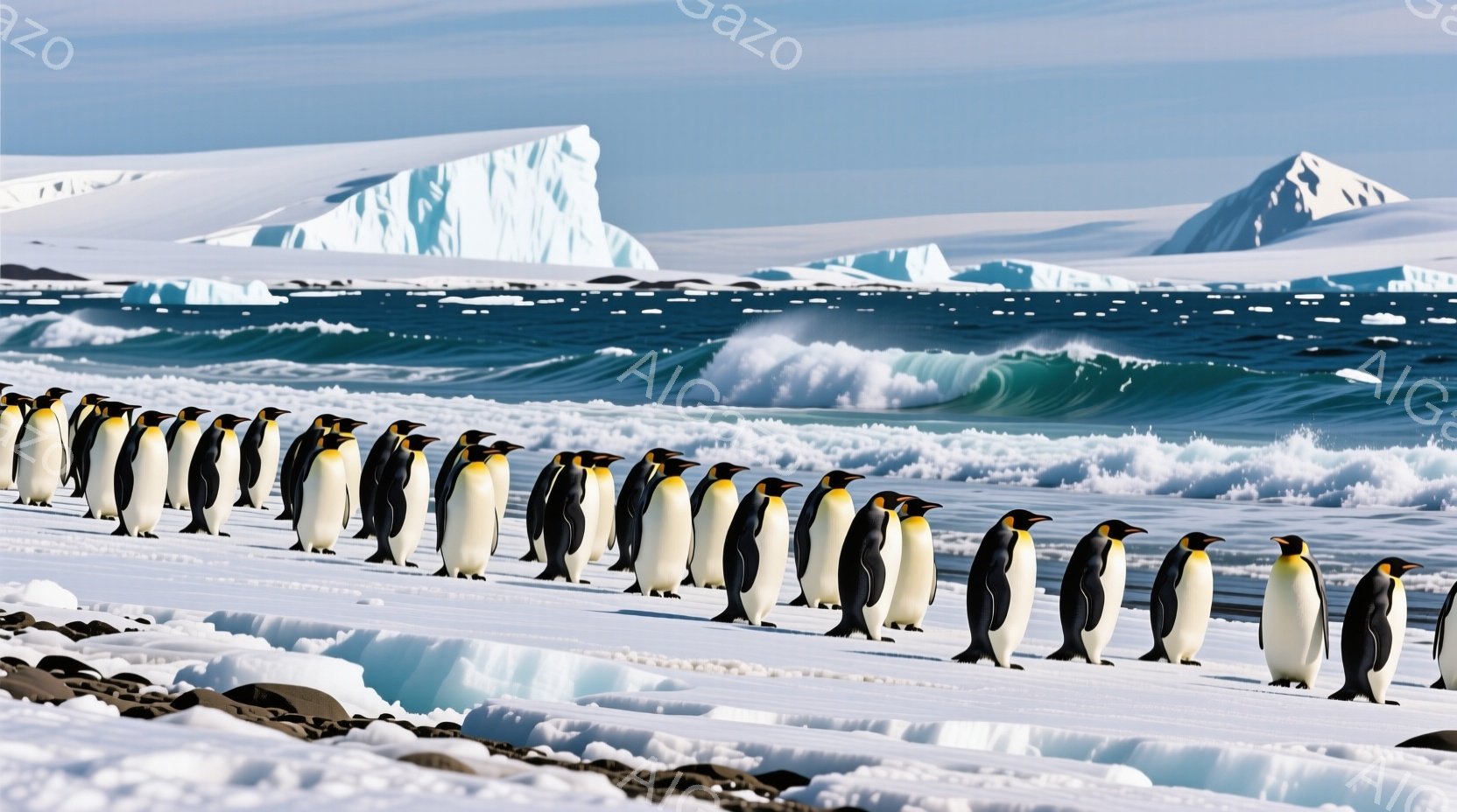 雪と氷の海岸線に沿って一列に並んだ多くのペンギンが写っています。背景には、青い海と氷山がそびえ立ち、極寒の南極の風景が広がっています。ペンギンたちは皆同じ方向に進んでおり、凛とした、生命力に満ちた雰囲気を醸し出しています。