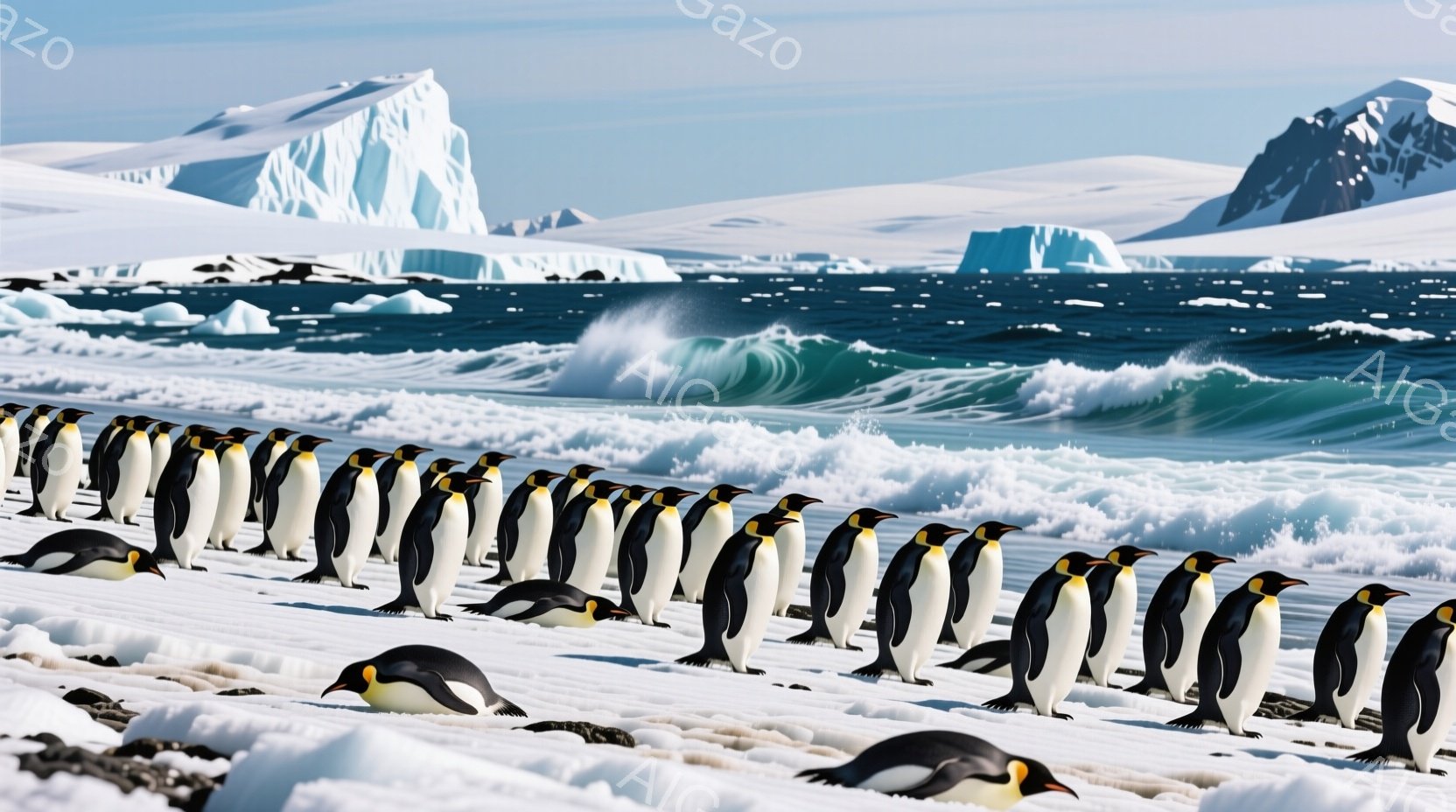 白い雪原に、一列に並んだペンギンの群れが写っている。背景には青い海と氷山が広がり、波が打ち寄せている様子が捉えられている。全体的に冷たく厳しい南極の自然を感じさせる、壮大で静謐な光景だ。 - AI生成フリー素材