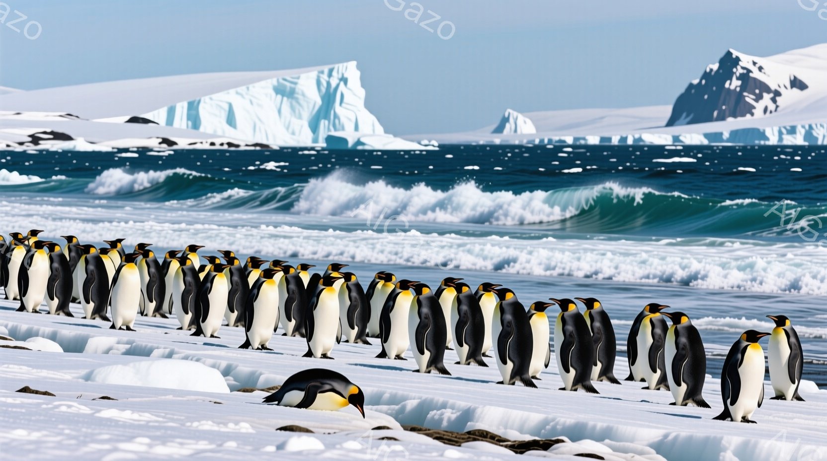 多数のペンギンが、白い雪浜に一列に並んで立っている様子が写っている。背景には青い海と、氷山がそびえ立ち、厳しい南極の自然を感じさせる。全体的に冷たく、静寂で、広大な自然のスケールを感じさせる光景である。