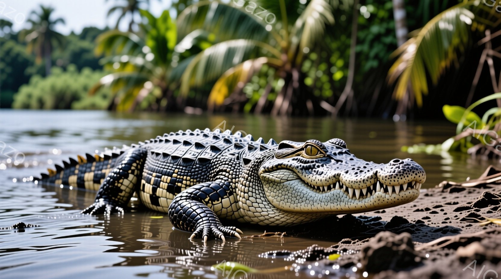 泥の上に横たわるワニが写っている。ワニは暗緑色と黒の縞模様の体をしており、鋭い歯をむき出しにしており、その目は黄色く光っている。背景には緑豊かな植物が生い茂り、水面が太陽の光を反射して穏やかな雰囲気を醸し出している。