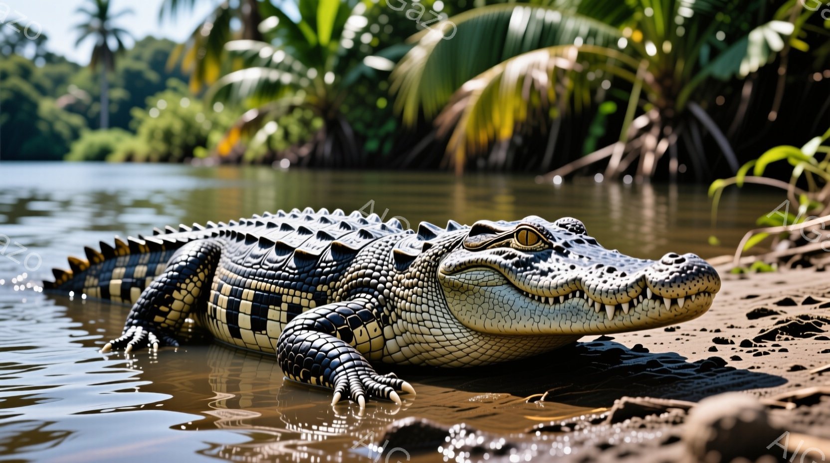 泥の岸辺に横たわる大きなワニが写っています。ワニは体の縞模様が鮮明で、鋭い歯を見せ、獲物を狙っているかのように見えます。背景には緑豊かな植物が生い茂り、水面は穏やかで、全体的に熱帯の野生の雰囲気が漂っています。