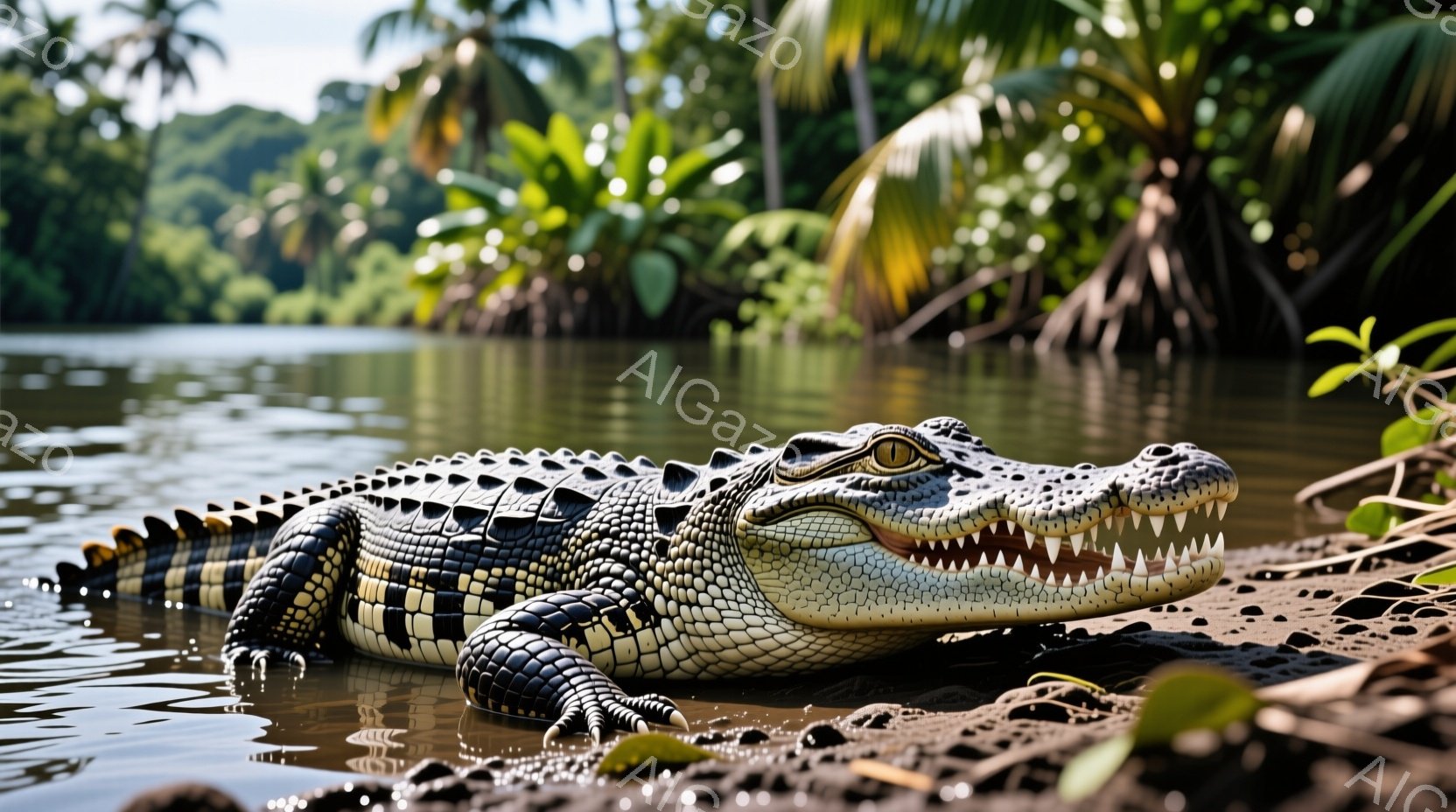 広大な水辺にワニが横たわっており、口をわずかに開けて鋭い歯を見せています。ワニの皮膚は硬質で、濃い灰色と白の模様が特徴的です。背景には緑豊かな熱帯雨林が広がり、水面は穏やかで、湿潤な熱帯の雰囲気を醸し出しています。
