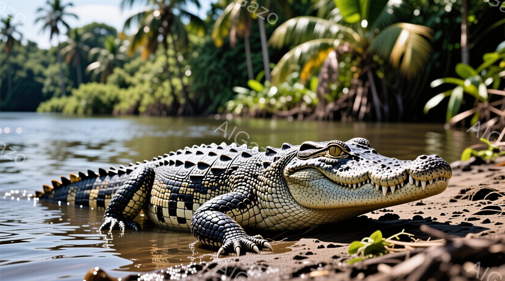 日光が差し込む川岸で、ワニが横たわっています。黒と白の縞模様が特徴的な体は、ぬかるみのある土と水に浸かり、鋭い歯と睨みつけるような眼差しが印象的です。背景には緑豊かな植物が生い茂り、熱帯の自然を感じさせる穏やかな雰囲気です。