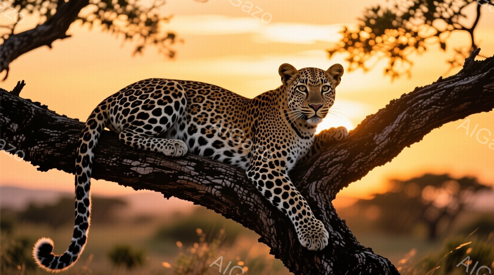 木の枝にヒョウが横たわっており、その毛並みは特徴的な斑点模様で覆われている。夕焼け空を背景に、その姿は力強くも優雅で、まるで王者のように見える。背景には草原が広がり、暖かくドラマチックな雰囲気を醸し出している。