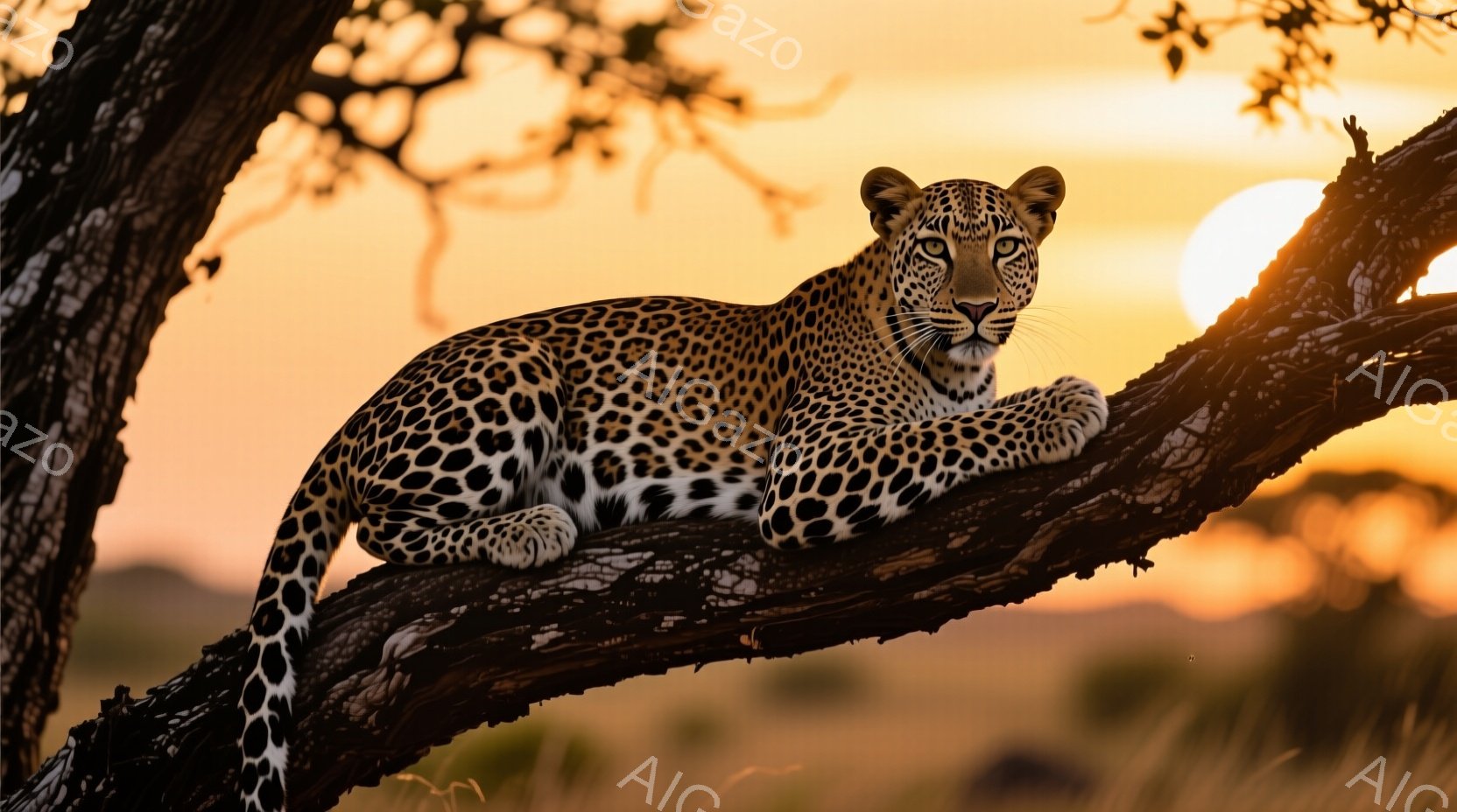 鮮やかな夕焼けを背景に、木の上でリラックスしたヒョウが描かれている。その毛並みは独特の斑点で覆われ、鋭い眼差しは遠くを見つめている。背景には、サバンナのような風景が広がり、乾いた草木と夕焼けのオレンジ色が暖かく落ち着いた雰囲気を作り出している。