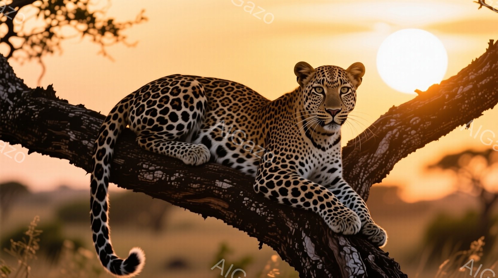 鮮やかな夕焼けを背景に、ヒョウが木の枝にゆったりと横たわっている。その毛並みは特徴的な斑点で覆われ、鋭い眼差しは遠くを見つめている。背景にはサバンナの風景が広がり、暖かく穏やかな雰囲気を醸し出している。