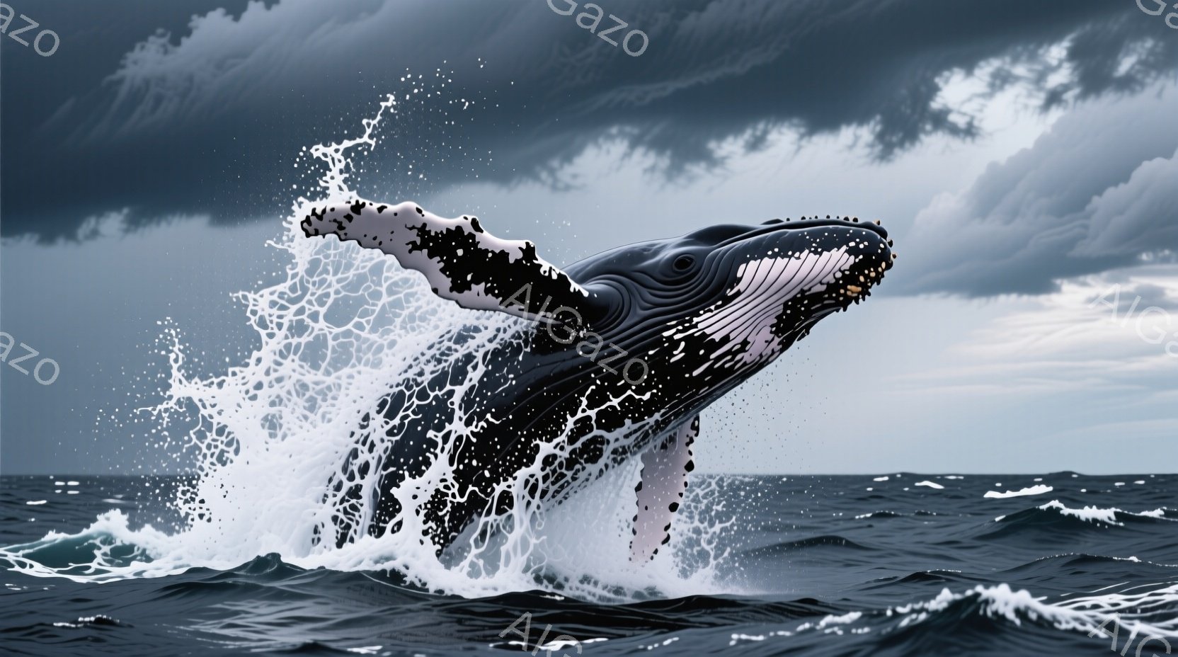 黒い潮吹きの中に、巨大なザトウクジラが躍動している様子が捉えられています。クジラは体を大きく湾曲させ、片方のヒレを海中に突き出し、水しぶきが周囲に飛び散っています。背景は暗い雲に覆われた海で、荒々しい天候がクジラの力強い躍動と相まって、ドラマチックな雰囲気を醸し出しています。