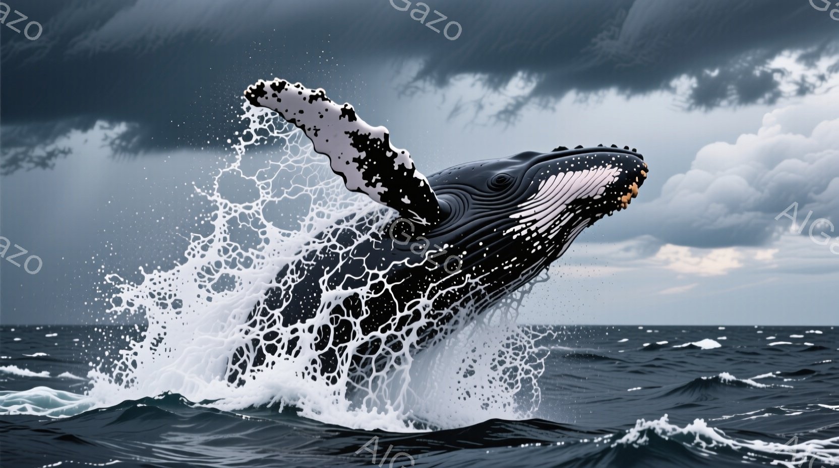 大きなコククジラが海面から飛び出し、波しぶきを上げている様子が捉えられています。力強い尾びれと、海中に消えていく身体が、ダイナミックな躍動感を表現しています。背景は荒々しい波と暗い雲に覆われ、自然の力 - AI生成フリー素材