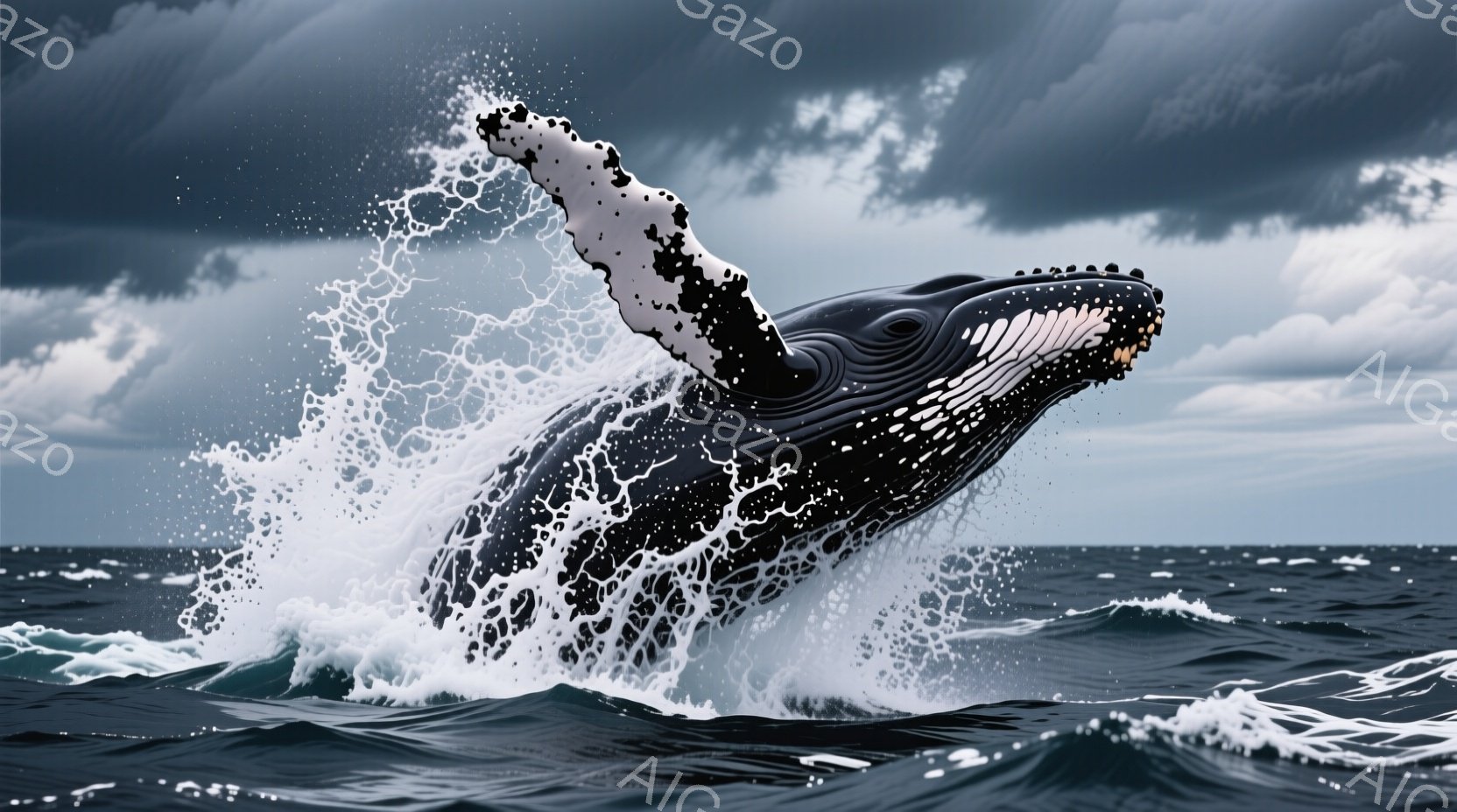 巨大なコクッポウクジラが海面から躍り出ている様子が捉えられています。黒い体に白い模様が特徴的で、力強く尾びれを振り、水しぶきが飛び散っています。背景は暗い雲に覆われ、荒れた海が広がり、ドラマチックな雰 - AI生成フリー素材