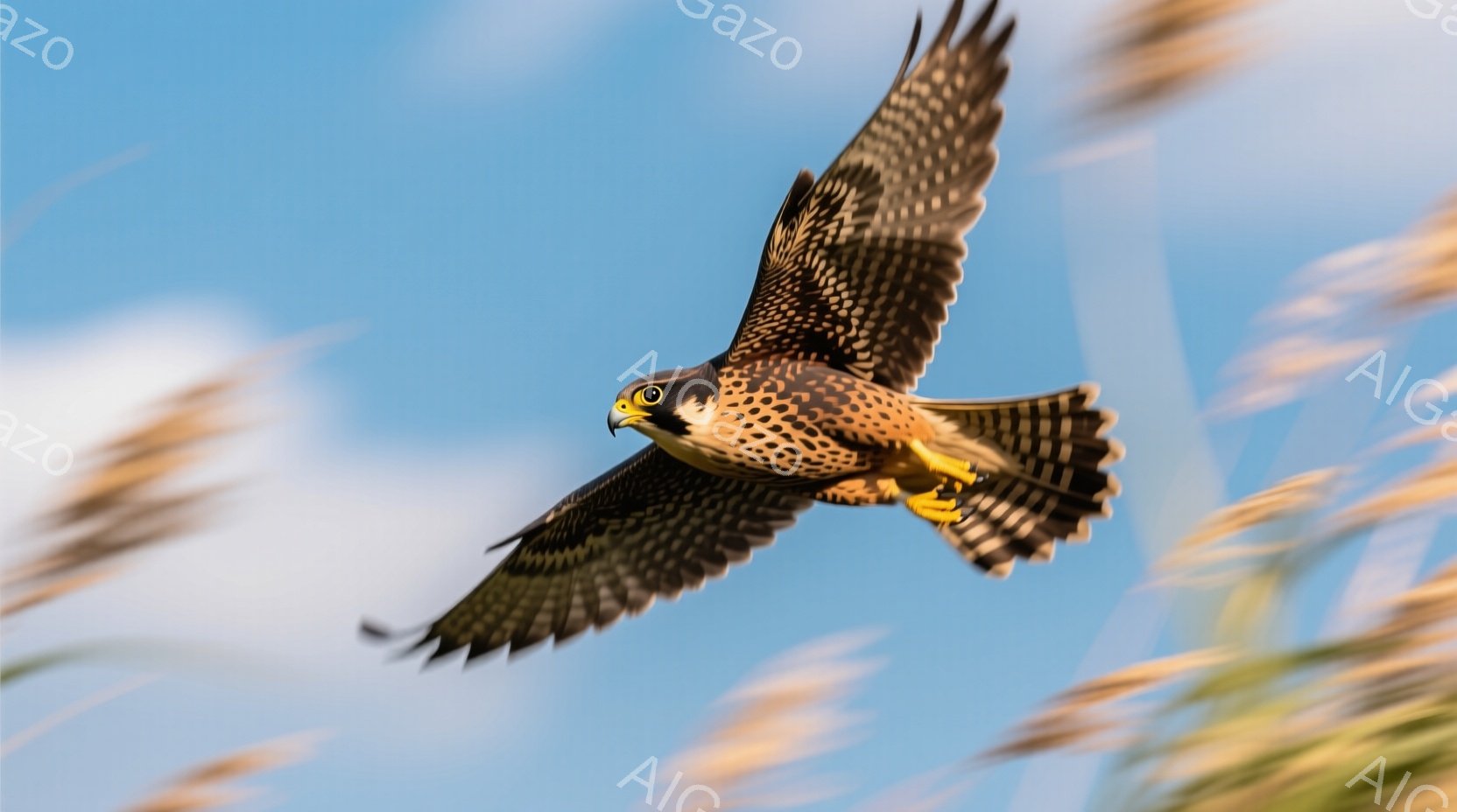 鮮やかな青空を背景に、猛禽類のハヤブサが翼を広げて飛翔している。茶色と白の美しい模様が羽に描かれ、鋭い眼光は獲物を捉えるかのように見つめている。背景には、風に揺れる草の穂がぼやけ、スピード感と自然の広がりを感じさせる。