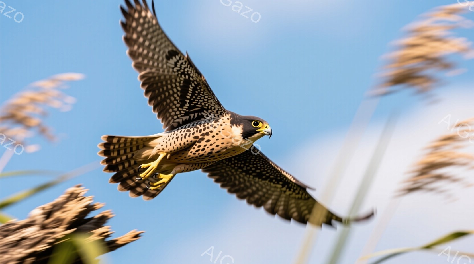 鮮やかな青空を背景に、ハヤブサが翼を広げて飛翔している姿が捉えられています。茶色と黒の美しい模様が特徴的な羽は、躍動感を強調し、鋭い爪と足は獲物を捉える準備ができていることを示唆しています。周囲には、風に揺れるススキの穂が点在し、自然豊かな風景の中で、ハヤブサの力強さと優雅さが際立っています。