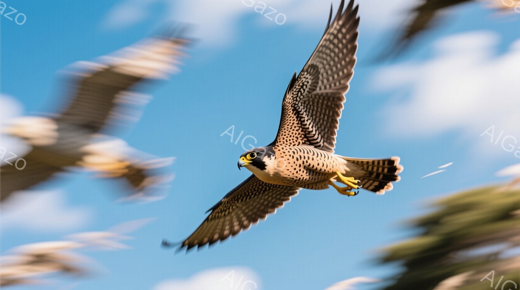空を飛ぶハヤブサが写っている。翼を広げ、鋭い眼光で前を見据え、ダイナミックな飛行姿勢をとっている。背景には青空と、ぼやけた緑の木々が見え、速さと力強さを感じさせる。 - AI生成フリー素材