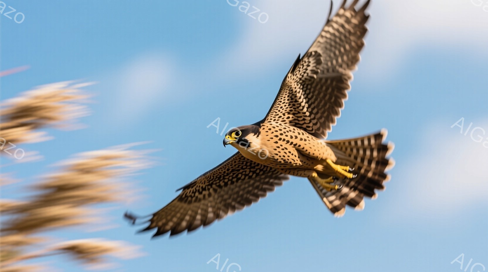 鮮やかな青空を背景に、茶色と白の模様が特徴的なハヤブサが翼を広げて飛翔している。鋭い眼光と伸びた爪が、獲物を狙う力強さを際立たせ、その姿勢は空の支配者としての威厳を感じさせる。背景にはぼやけた草木が見え、ハヤブサのスピード感をより強調している。