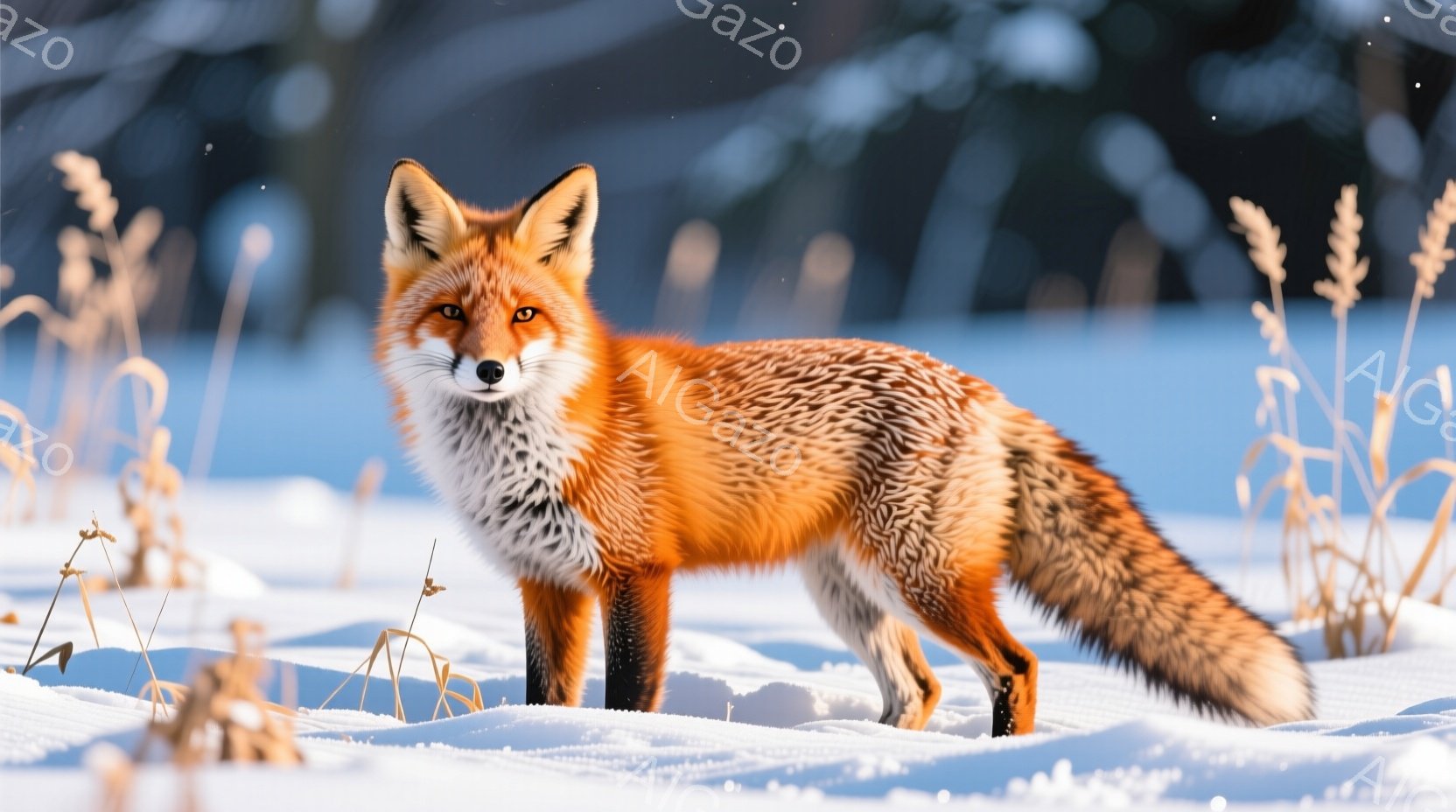 雪景色の中で、鮮やかなオレンジ色の毛並みを持つキツネが佇んでいます。キツネは横向きで、凛々しい表情で遠くを見つめており、ふさふさとした尾が特徴的です。背景には、枯れた草が生い茂る雪原が広がり、冬の静寂 - AI生成フリー素材