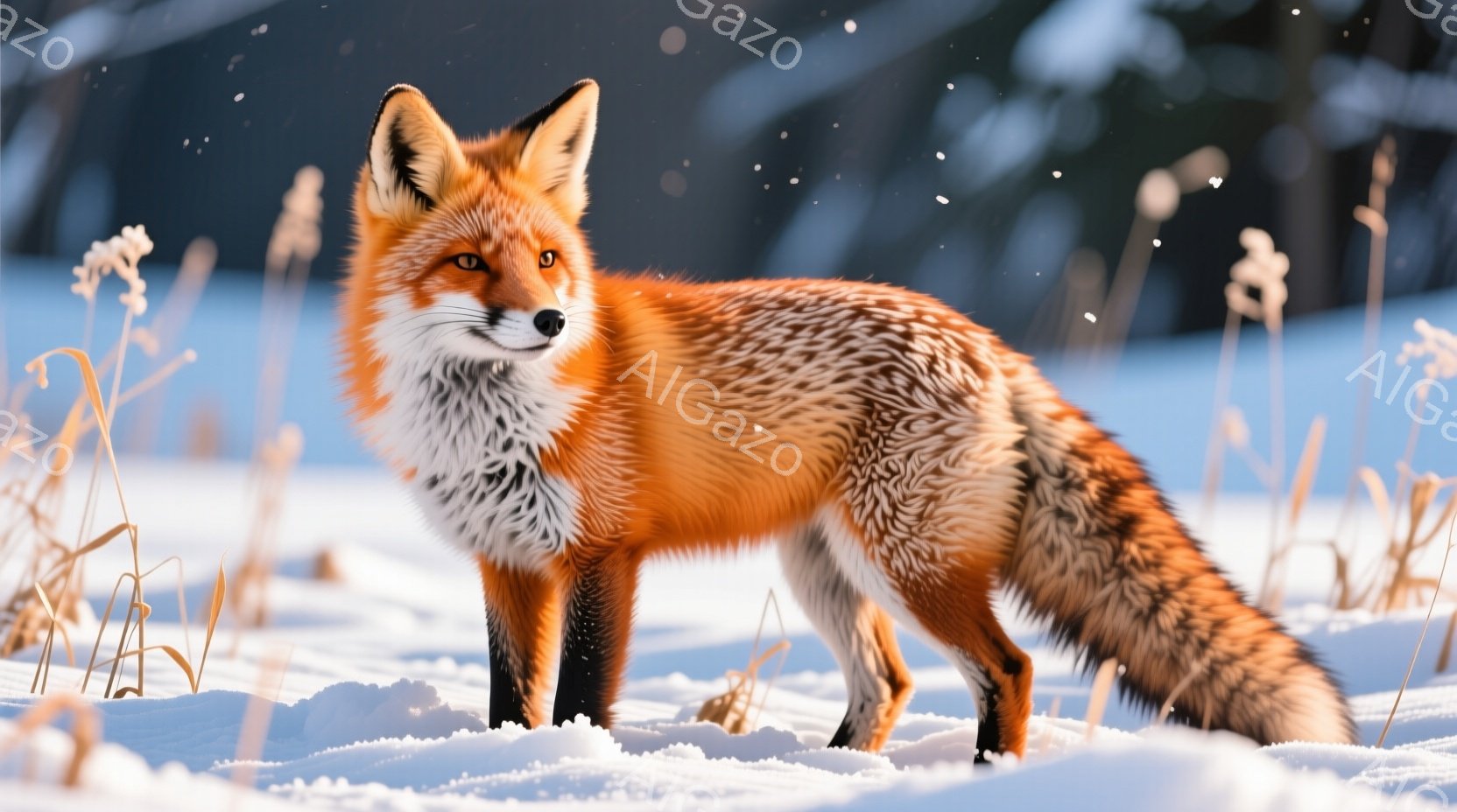 明るいオレンジ色の毛並みを持つキツネが雪景色の中に佇んでいます。その毛並みは、胸元と腹部に白い模様があり、冬の寒さにも耐えるふかふかな毛並みが特徴的です。背景には乾いた草が生い茂り、雪が舞う冬の穏やか - AI生成フリー素材