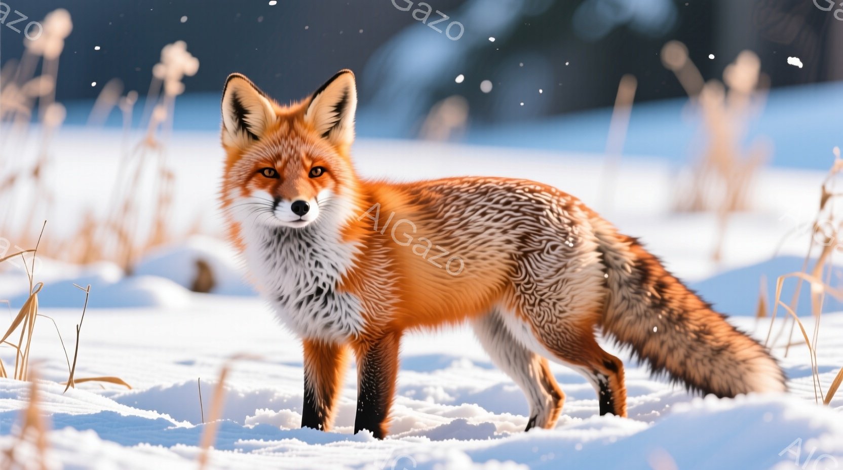 鮮やかな赤褐色の毛並みを持つキツネが、雪原の中に立っている。毛並みは首元で白く、ふさふさとした冬毛が特徴的で、凛とした表情でこちらを見ている。背景には乾いた草が生い茂り、雪がちらつく寒々とした冬の風景が広がっている。