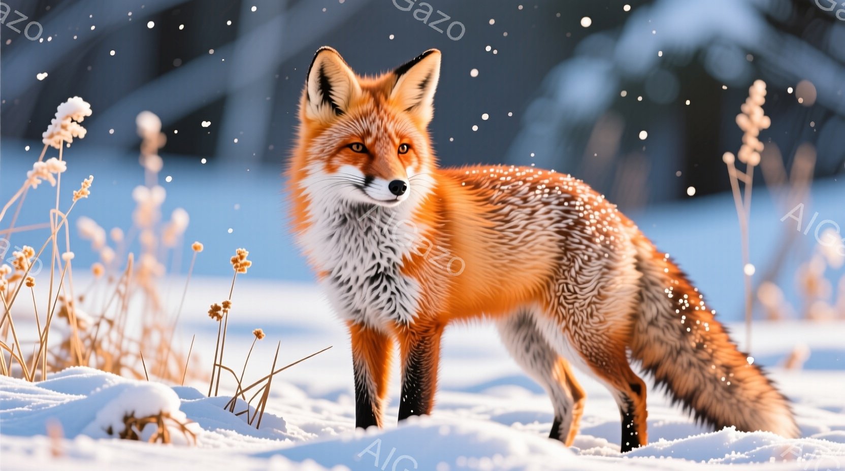 鮮やかな赤褐色の毛並みを持つキツネが雪原に佇んでいます。その視線は鋭く、まっすぐにカメラを見つめており、凛とした雰囲気を醸し出しています。背景には雪をまとった枯れ草が生い茂り、冬の静寂と凛とした美しさ - AI生成フリー素材