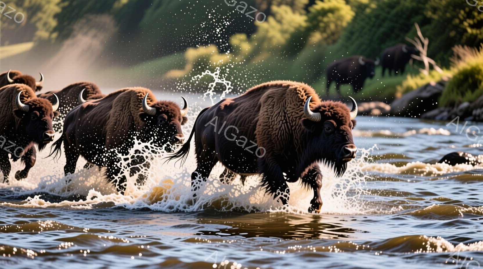 バイソンが川を疾走している様子が捉えられています。水しぶきが舞い上がり、力強い足取りと毛並みが強調されています。背景には緑豊かな自然と、遠くに見える他のバイソンの群れが広がり、躍動感あふれる瞬間を捉えた写真です。