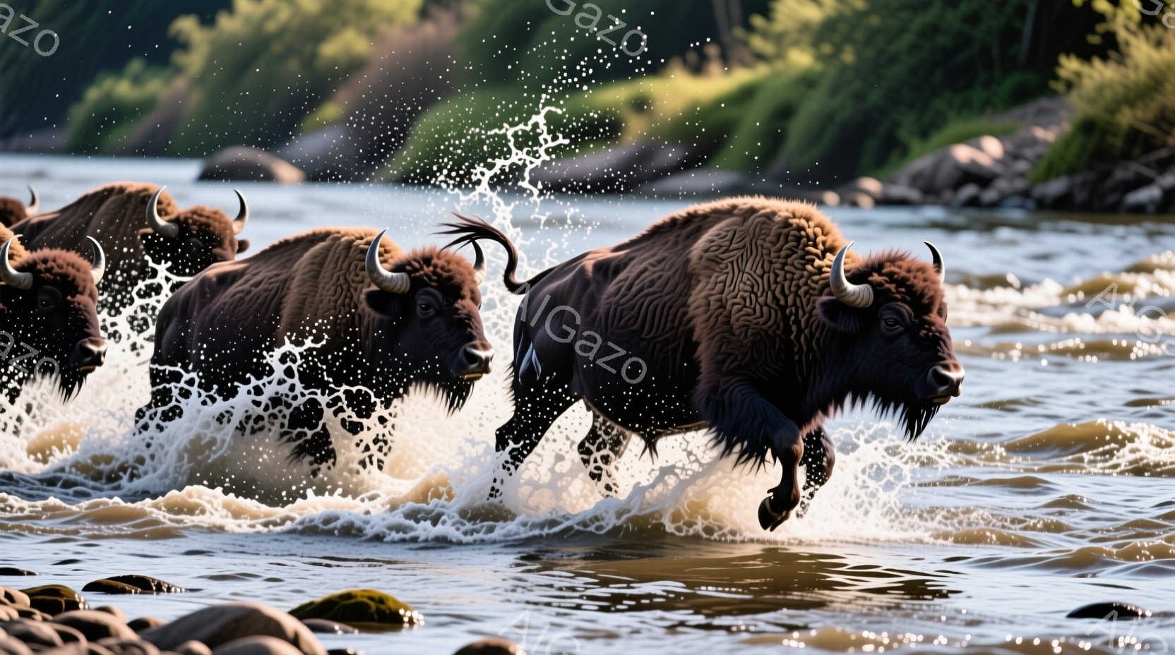 黒いバイソンが急流の中を力強く走り、水しぶきが飛び散っている様子が捉えられている。背景には緑豊かな木々が見え、水底には丸い石が敷き詰められている。全体的に、野生の力強さと自然の活気が感じられるダイナミックな場面である。