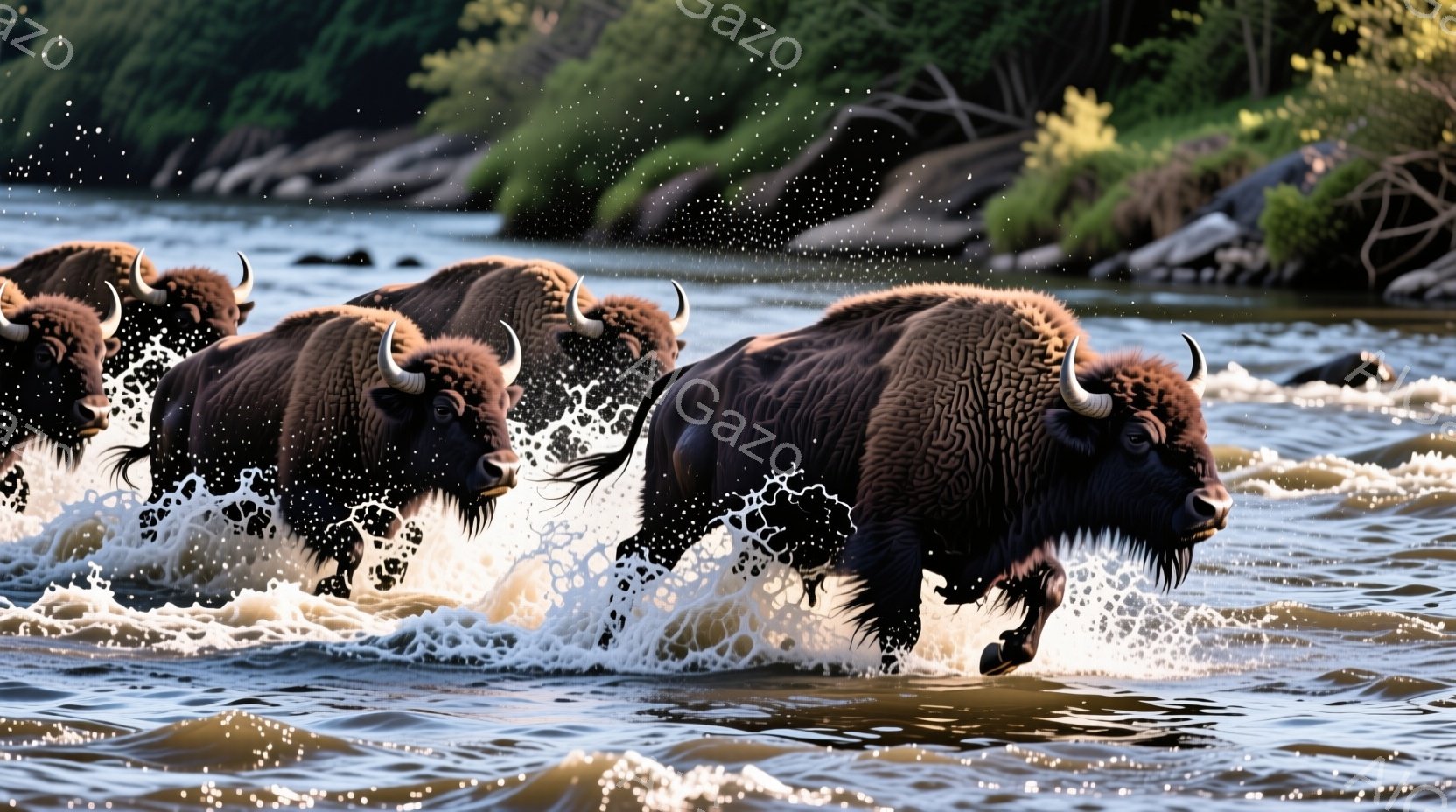 複数のバイソンが激しく流れる川の中を走っている様子が捉えられています。水しぶきが四方八方に飛び散り、バイソンの力強い筋肉と毛並みが強調されています。背景には緑豊かな植生が広がり、自然の力強さと野生動物 - AI生成フリー素材