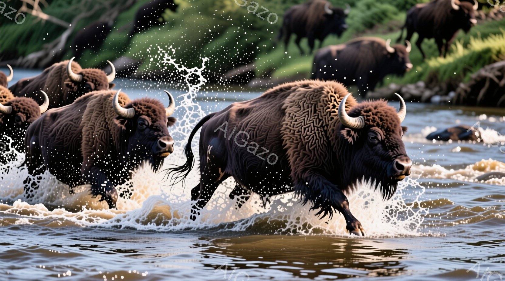 複数のバイソンが水の中を疾走している様子が捉えられています。水しぶきが上がり、バイソンたちは力強く前進しており、その体格と筋肉質な姿が強調されています。背景には緑豊かな植物が生い茂り、自然の中で活発に - AI生成フリー素材