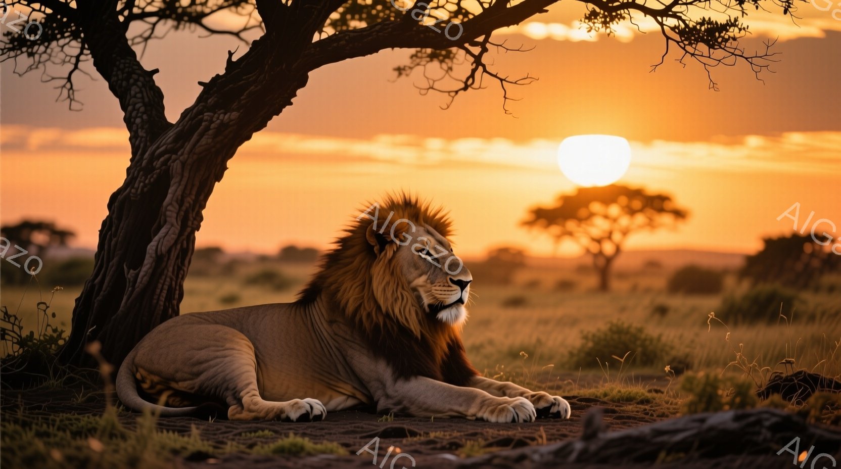 堂々としたたてがみが特徴的な雄ライオンが、サバンナの地面に横たわっています。背景には夕焼けのオレンジ色と、遠くの木々がシルエットとなって広がり、穏やかで力強い雰囲気を醸し出しています。ライオンは遠くを見つめ、威厳と落ち着きを感じさせるポーズをとっています。