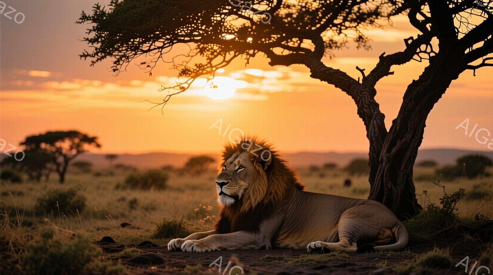 広大なサバンナで、堂々としたライオンが横たわっている。夕焼け空の下、その毛並みは夕日に照らされ、強い眼差しは遠くを見つめている。背景にはまばらな木々と、オレンジ色の夕焼けが広がり、雄大で落ち着いた雰囲気を醸し出している。