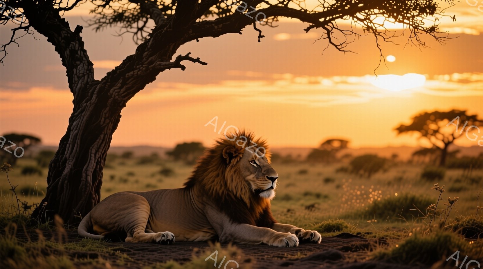 広大なサバンナに、たてがみを持つ雄ライオンが横たわっている。夕焼けのオレンジ色がかった空の下、ライオンは落ち着いた表情で遠くを見つめ、力強い存在感を放っている。背景には、点在する木々と草が生い茂る平原 - AI生成フリー素材