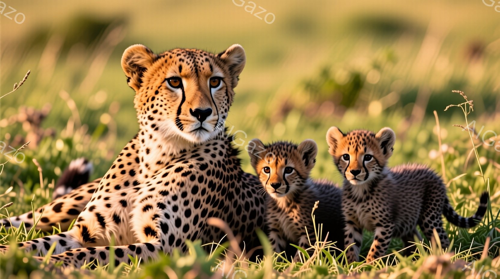 広大な緑の草原に、母チーターと子チーター2頭が寄り添って横たわっています。母チーターは警戒した表情で正面を見つめ、子チーターたちは好奇心旺盛な眼差しでカメラの方を見ています。背景は鮮やかな緑の草で覆われ、穏やかな光が差し込み、安らぎと生命力に満ちた雰囲気です。