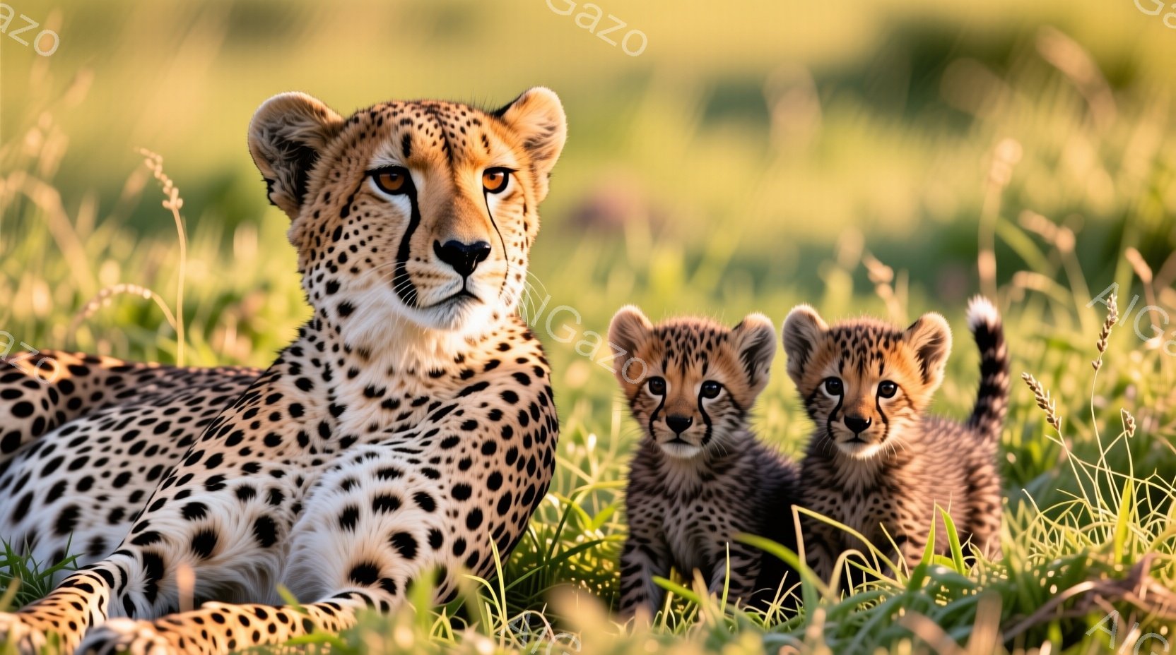 広大な草原に、母とその子猫2匹が寄り添って横たわっています。母猫は鋭い眼差しで正面を見つめ、子猫たちは母親の側で少し不安そうな表情を浮かべています。背景は緑豊かな草地で、暖かく穏やかな日差しが降り注ぎ、平和で愛情に満ちた雰囲気を醸し出しています。