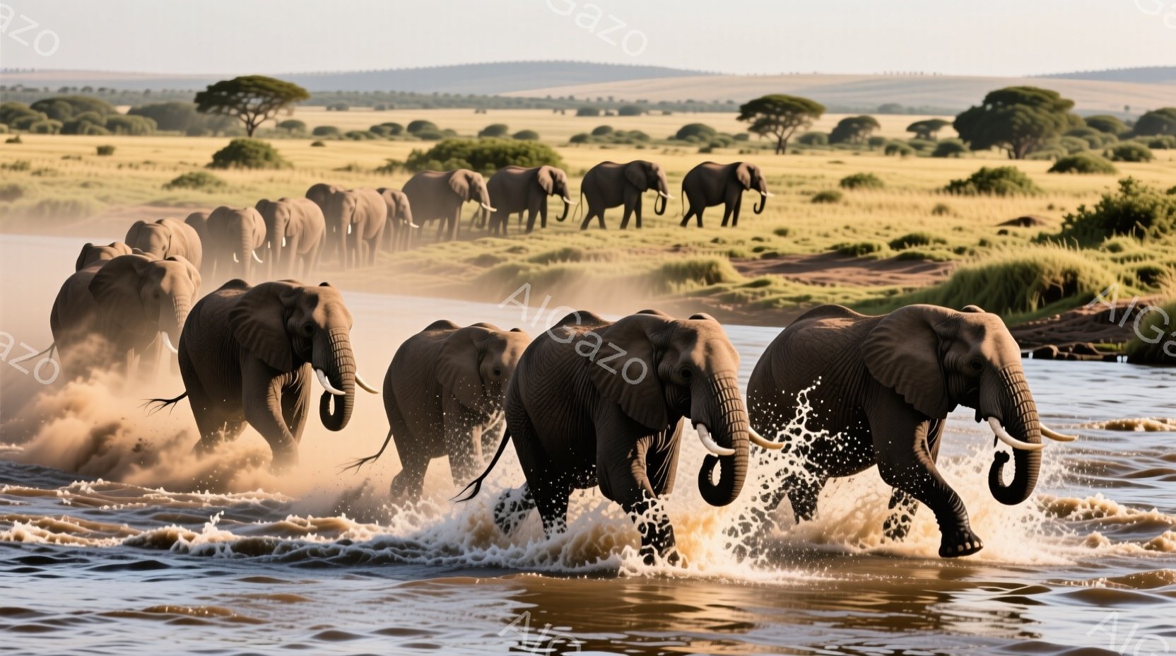 大量のゾウが水の中を隊列をなして進んでいる様子が捉えられています。水しぶきが上がり、ゾウたちは力強く前進しており、その姿は迫力満点です。背景にはサバンナの平原が広がり、遠くにはまばらに木々が見え、晴れた空の下、野生の自然を感じさせる情景です。
