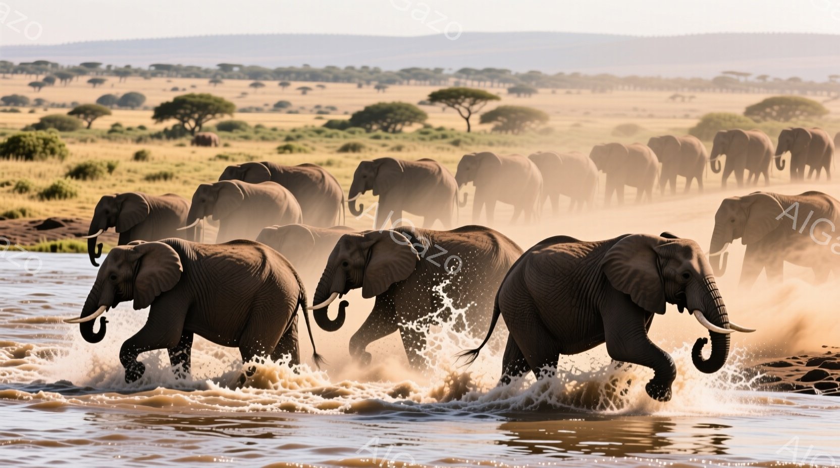 多数のゾウが浅い水辺を隊列をなして歩いている様子が写っている。水しぶきが上がり、ゾウたちは力強く前進しており、背景には黄金色のサバンナと点在する木々が広がり、夕暮れのような暖かい光に包まれている。この光景は、野生の力強さと自然の美しさを感じさせる。