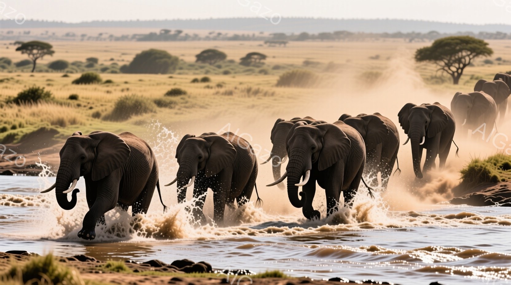 浅い水の中を歩くゾウの群れが写っています。ゾウたちは水しぶきを上げながら前進し、力強く堂々とした姿を見せています。背景には乾燥したサバンナの風景が広がり、まばらに木々が点在し、暖かく明るい日差しが差し込んでいます。