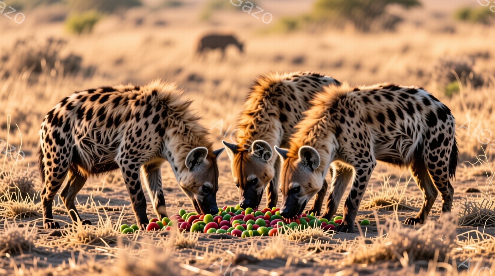 ３頭のハイエナが、地面に散らばった赤い球体（おそらく果実）に群がって食べようとしている様子が写っている。背景は乾燥した草原で、茶色や黄色の草が広がり、遠くにはぼんやりとした動物の影が見える。 全体的に、乾燥した自然環境の中で、ハイエナが食事に集中している様子を表しており、力強く生命力溢れる雰囲気が漂っている。