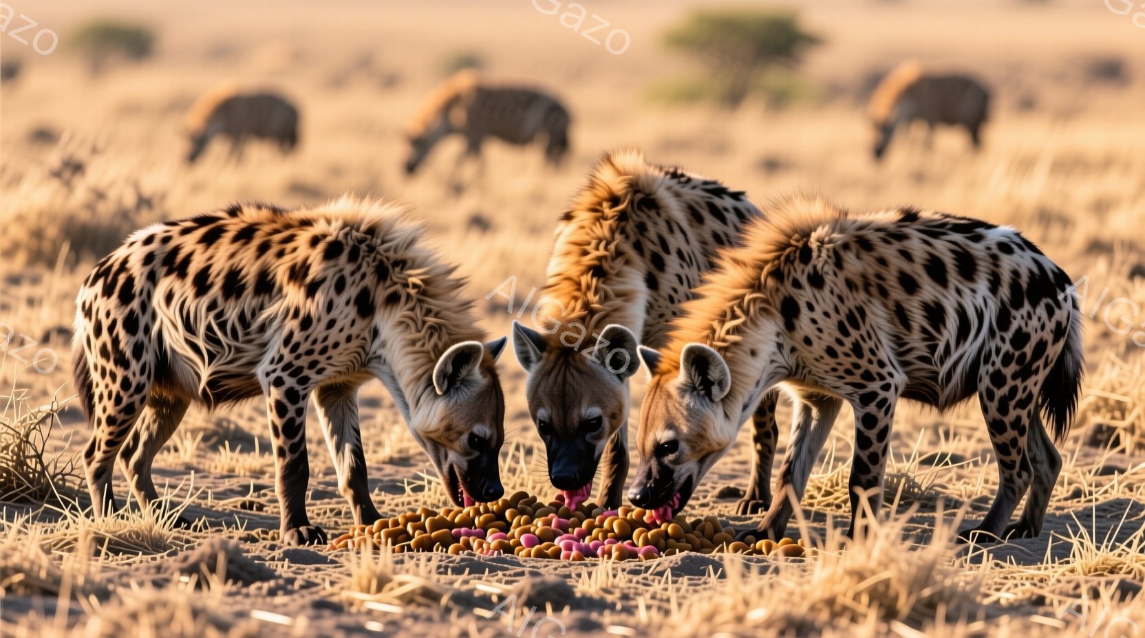 3頭のハイエナが地面に散らばった餌を食べている様子が写っています。ハイエナたちは、斑点模様の毛皮を持ち、地面にうずくまりながら、餌に夢中で顔を近づけています。背景には乾燥した草原が広がり、遠くには他の動物の姿も見え、全体的に荒涼とした、しかし生命力あふれる雰囲気が漂っています。