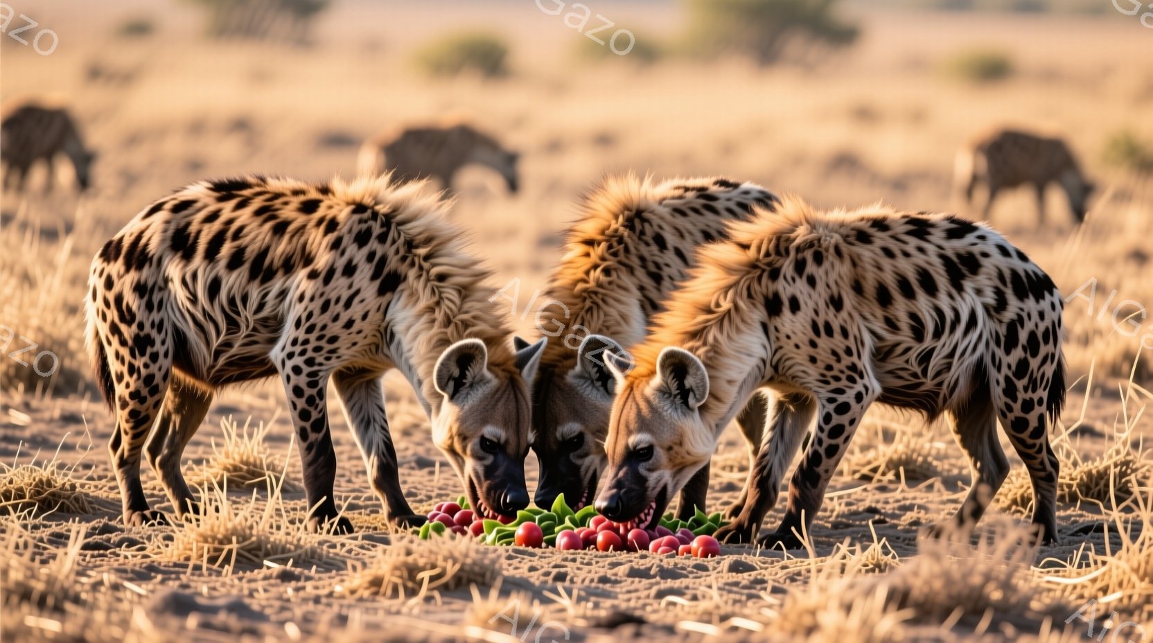 3頭のハイエナが、地面に散らばった赤い果実の山に群がっている様子が写っている。彼らは皆、前かがみになり、熱心に果実をつつき、地面の乾燥した茶色の草の上に、特徴的な斑点模様の毛並みが際立っている。背景には、乾燥した平原が広がり、遠くには他のハイエナがぼんやりと見える、日差しの強い、野生の雰囲気の光景である。