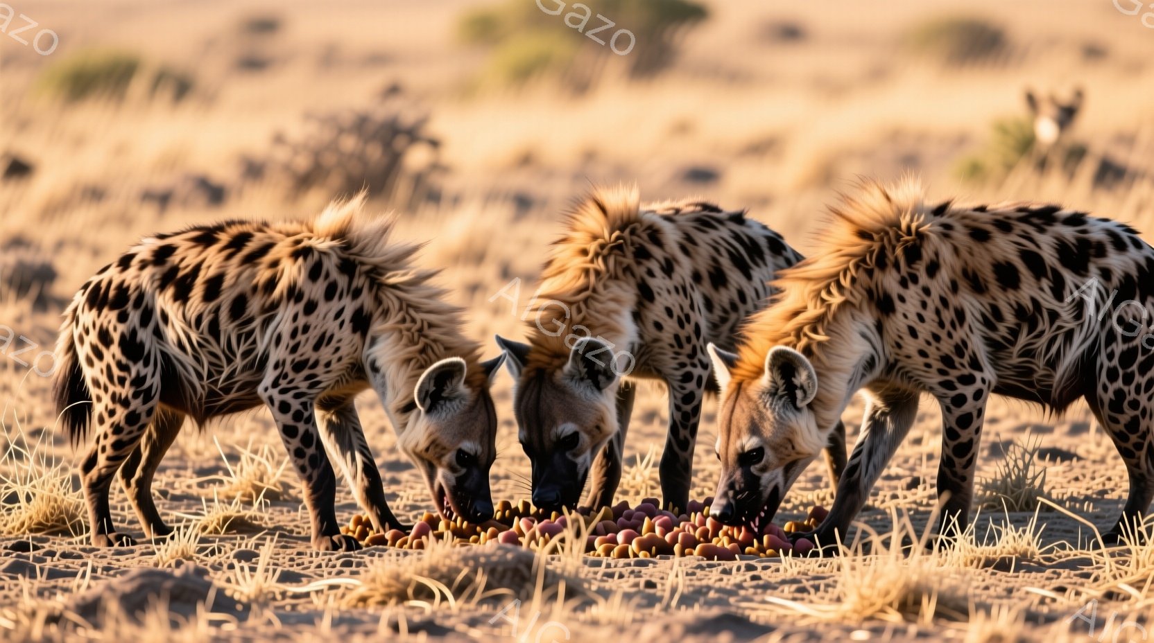 3頭のハイエナが地面に集まって何かを食べている様子が写っています。彼らは斑点模様の毛皮を持ち、前かがみの姿勢で、地面に散らばった餌に夢中で、周囲の乾燥した風景とは対照的に、活気に満ちた様子を見せていま - AI生成フリー素材