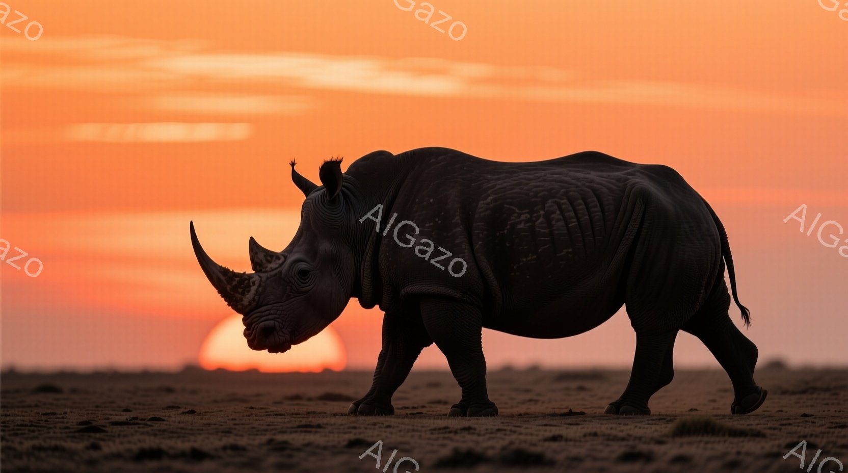 画像は夕焼けを背景にしたアフリカゾウのシルエットです。ゾウは大地を歩いており、強い意志と力強さを感じさせます。空は鮮やかなオレンジ色で、大地は茶色で乾いており、自然の壮大さと静寂を表現しています。